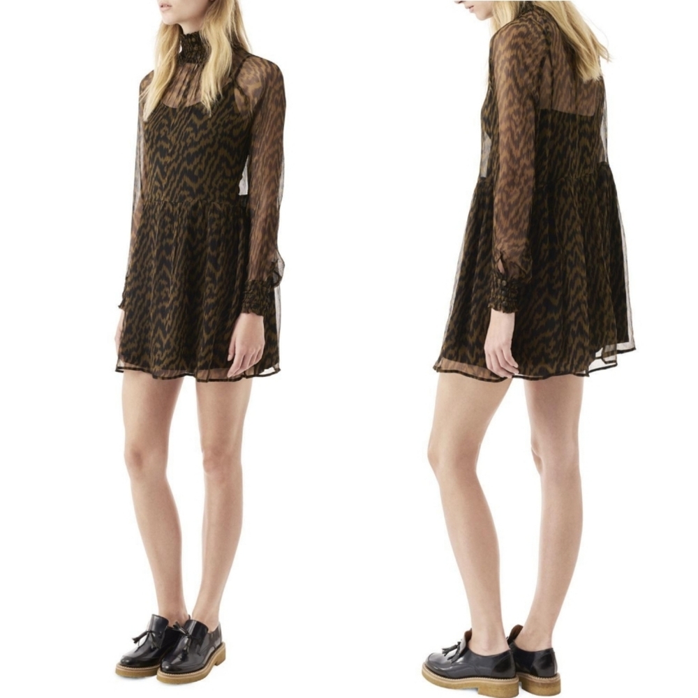 Ganni Long Sleeve Sheer Top Dress in Plantation and Black xs